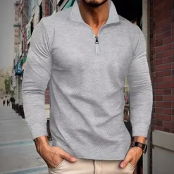 Best OUKU Men's Quarter Zip Polo Golf Shirt Daily Holiday Quarter Zip Long Sleeve Fashion Modern Plain Spring & Fall Regular Fit Black White Khaki Light Grey Dark Gray Quarter Zip Polo
