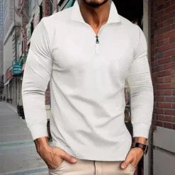 Best OUKU Men's Quarter Zip Polo Golf Shirt Daily Holiday Quarter Zip Long Sleeve Fashion Modern Plain Spring & Fall Regular Fit Black White Khaki Light Grey Dark Gray Quarter Zip Polo