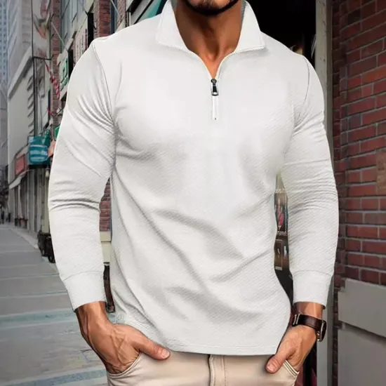 Best OUKU Men's Quarter Zip Polo Golf Shirt Daily Holiday Quarter Zip Long Sleeve Fashion Modern Plain Spring & Fall Regular Fit Black White Khaki Light Grey Dark Gray Quarter Zip Polo