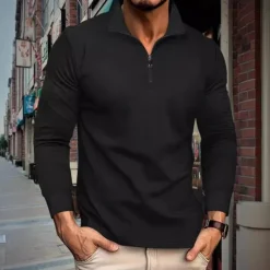 Best OUKU Men's Quarter Zip Polo Golf Shirt Daily Holiday Quarter Zip Long Sleeve Fashion Modern Plain Spring & Fall Regular Fit Black White Khaki Light Grey Dark Gray Quarter Zip Polo