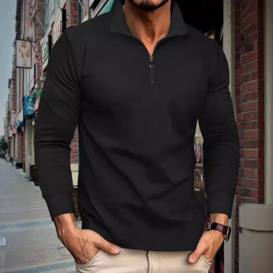 Best OUKU Men's Quarter Zip Polo Golf Shirt Daily Holiday Quarter Zip Long Sleeve Fashion Modern Plain Spring & Fall Regular Fit Black White Khaki Light Grey Dark Gray Quarter Zip Polo