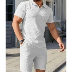 Online OUKU Men's Quarter Zip Polo Golf Shirt Daily Holiday Lapel Short Sleeve Fashion Basic Plain 2 Piece Jacquard Summer Regular Fit Black White Sky Blue Khaki Light Grey Quarter Zip Polo