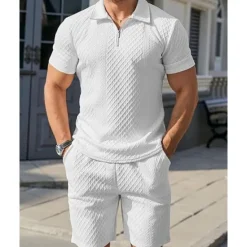 Online OUKU Men's Quarter Zip Polo Golf Shirt Daily Holiday Lapel Short Sleeve Fashion Basic Plain 2 Piece Jacquard Summer Regular Fit Black White Sky Blue Khaki Light Grey Quarter Zip Polo