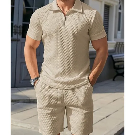 Online OUKU Men's Quarter Zip Polo Golf Shirt Daily Holiday Lapel Short Sleeve Fashion Basic Plain 2 Piece Jacquard Summer Regular Fit Black White Sky Blue Khaki Light Grey Quarter Zip Polo