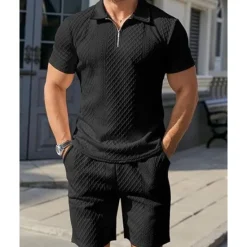 Online OUKU Men's Quarter Zip Polo Golf Shirt Daily Holiday Lapel Short Sleeve Fashion Basic Plain 2 Piece Jacquard Summer Regular Fit Black White Sky Blue Khaki Light Grey Quarter Zip Polo