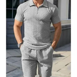 Online OUKU Men's Quarter Zip Polo Golf Shirt Daily Holiday Lapel Short Sleeve Fashion Basic Plain 2 Piece Jacquard Summer Regular Fit Black White Sky Blue Khaki Light Grey Quarter Zip Polo