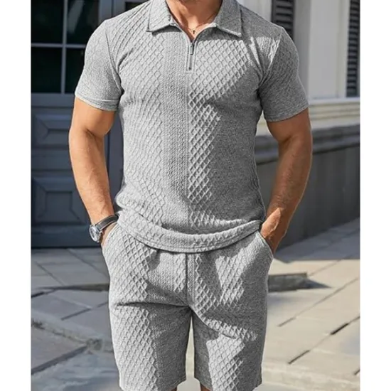 Online OUKU Men's Quarter Zip Polo Golf Shirt Daily Holiday Lapel Short Sleeve Fashion Basic Plain 2 Piece Jacquard Summer Regular Fit Black White Sky Blue Khaki Light Grey Quarter Zip Polo