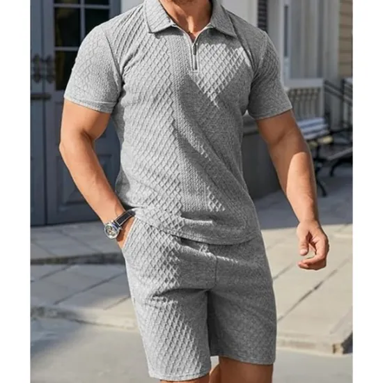Online OUKU Men's Quarter Zip Polo Golf Shirt Daily Holiday Lapel Short Sleeve Fashion Basic Plain 2 Piece Jacquard Summer Regular Fit Black White Sky Blue Khaki Light Grey Quarter Zip Polo