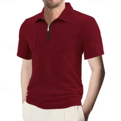 Outlet OUKU Men's Quarter Zip Polo Golf Shirt Daily Holiday Quarter Zip Short Sleeve Fashion Basic Plain Summer Regular Fit Black White Wine Navy Blue Khaki Quarter Zip Polo
