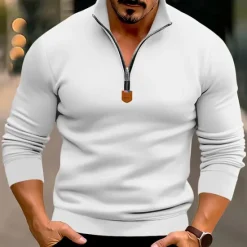 New OUKU Men's Quarter Zip Polo Golf Shirt Daily Holiday Quarter Zip Long Sleeve Fashion Modern Plain Spring & Fall Regular Fit Black White Wine Red Camel Light Grey Quarter Zip Polo