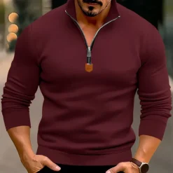 New OUKU Men's Quarter Zip Polo Golf Shirt Daily Holiday Quarter Zip Long Sleeve Fashion Modern Plain Spring & Fall Regular Fit Black White Wine Red Camel Light Grey Quarter Zip Polo