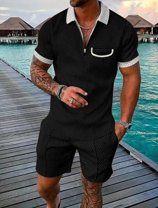 OUKU Men's Quarter Zip Polo Golf Shirt Daily Holiday Lapel Short Sleeve Fashion Basic Plain Pocket 2 Piece Summer Regular Fit Black Pink Red Navy Blue Green Army Green Quarter Zip Polo