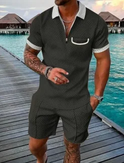 OUKU Men's Quarter Zip Polo Golf Shirt Daily Holiday Lapel Short Sleeve Fashion Basic Plain Pocket 2 Piece Summer Regular Fit Black Pink Red Navy Blue Green Army Green Quarter Zip Polo