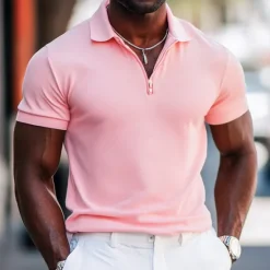 Best OUKU Men's Quarter Zip Polo Street Casual Half Zip Short Sleeve Fashion Solid Color Zipper Summer White Pink Navy Blue Green Quarter Zip Polo