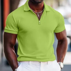 Best OUKU Men's Quarter Zip Polo Street Casual Half Zip Short Sleeve Fashion Solid Color Zipper Summer White Pink Navy Blue Green Quarter Zip Polo