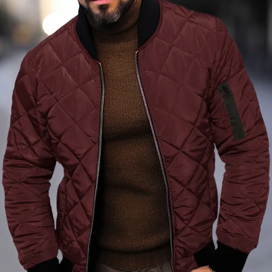 Clearance OUKU Men's Quilted Jacket Transition Jacket Going out Pocket Spring & Fall Plain Streetwear Standing Collar Regular Black Wine Blue Red Army Green Jacket