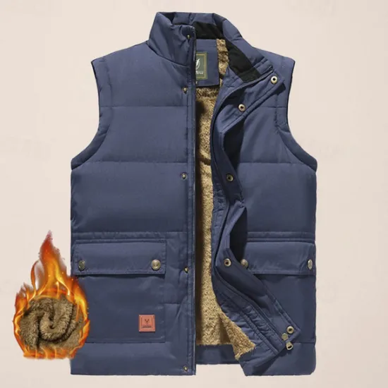 Outlet OUKU Men's Quilted Vest Daily Casual Fall & Winter Pocket Polyester Comfortable Solid Color Zipper Stand Collar Black Khaki Army Green Dark Blue Vest