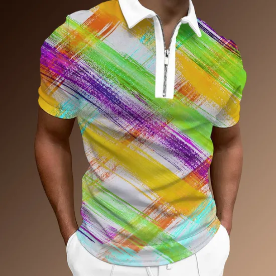 Hot OUKU Men's Rainbow Hawaiian Polo Shirts Golf Shirt Short Sleeve Polo Shirts Collared Shirts Casual Beach Wear Vacation Wear Tropical Wear Party Outfits 3D Print Quarter Zip Polo Black Olive Green White