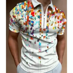 Hot OUKU Men's Rainbow Hawaiian Polo Shirts Golf Shirt Short Sleeve Polo Shirts Collared Shirts Casual Beach Wear Vacation Wear Tropical Wear Party Outfits 3D Print Quarter Zip Polo Black Olive Green White
