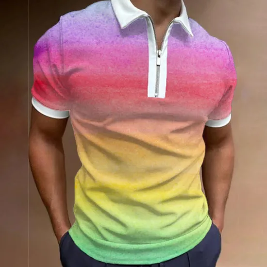 Online OUKU Men's Rainbow Hawaiian Polo Shirts Golf Shirt Short Sleeve Polo Shirts Collared Shirts Casual Beach Wear Vacation Wear Tropical Wear Party Outfits 3D Print Quarter Zip Polo Pink Blue Rainbow