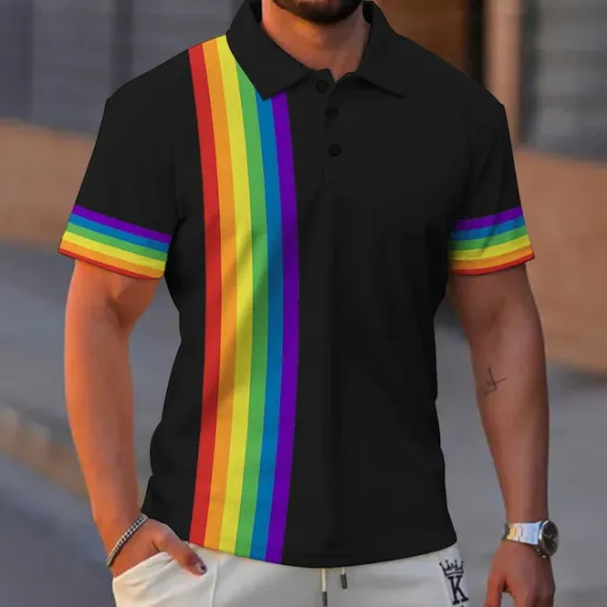 Sale OUKU Men's Rainbow Polo Shirts Golf Shirt Short Sleeve Polo Shirts Collared Shirts Business Casual Vacation Wear Formal Wear Festival Wear Buttons 3D Print Black White Blue