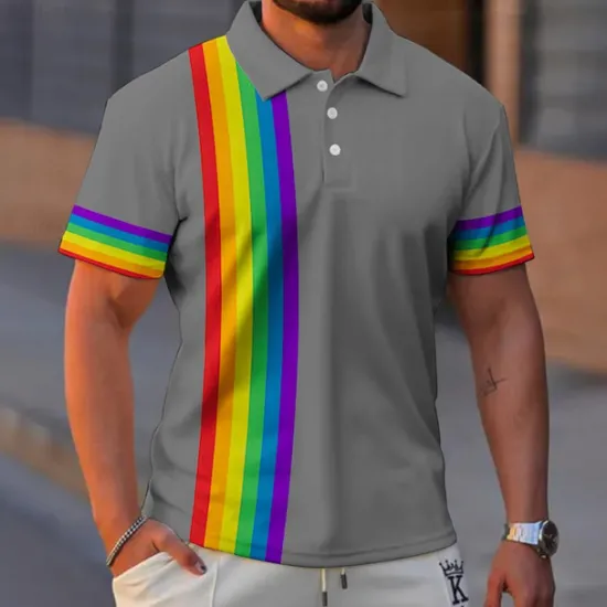 Sale OUKU Men's Rainbow Polo Shirts Golf Shirt Short Sleeve Polo Shirts Collared Shirts Business Casual Vacation Wear Formal Wear Festival Wear Buttons 3D Print Black White Blue
