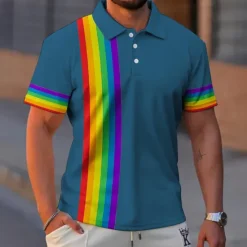 Sale OUKU Men's Rainbow Polo Shirts Golf Shirt Short Sleeve Polo Shirts Collared Shirts Business Casual Vacation Wear Formal Wear Festival Wear Buttons 3D Print Black White Blue