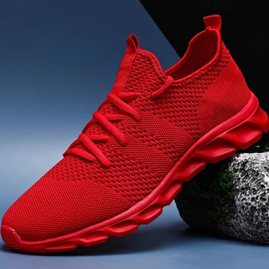 Online OUKU Men's Red Breathable Knit Sneakers - Lightweight Running Shoes with Cushioned Sole for Sports and Casual Wear