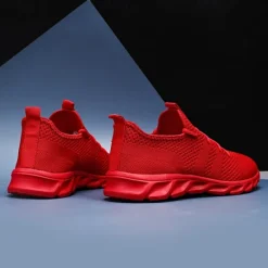 Online OUKU Men's Red Breathable Knit Sneakers - Lightweight Running Shoes with Cushioned Sole for Sports and Casual Wear