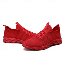 Online OUKU Men's Red Breathable Knit Sneakers - Lightweight Running Shoes with Cushioned Sole for Sports and Casual Wear