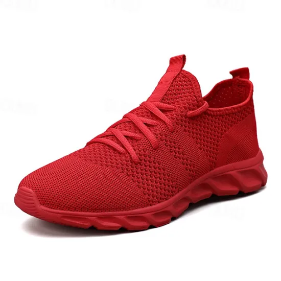 Online OUKU Men's Red Breathable Knit Sneakers - Lightweight Running Shoes with Cushioned Sole for Sports and Casual Wear