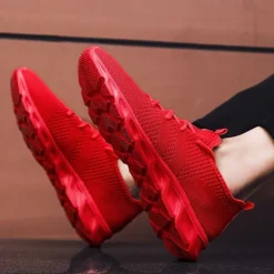 Online OUKU Men's Red Breathable Knit Sneakers - Lightweight Running Shoes with Cushioned Sole for Sports and Casual Wear