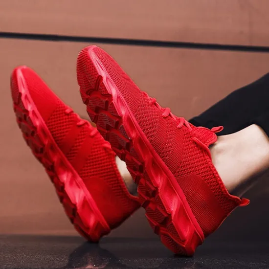 Online OUKU Men's Red Breathable Knit Sneakers - Lightweight Running Shoes with Cushioned Sole for Sports and Casual Wear