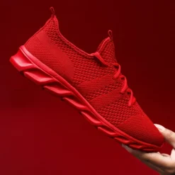 Online OUKU Men's Red Breathable Knit Sneakers - Lightweight Running Shoes with Cushioned Sole for Sports and Casual Wear