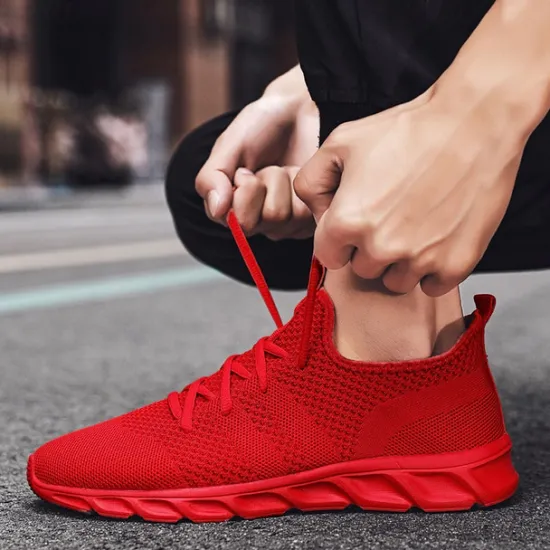 Online OUKU Men's Red Breathable Knit Sneakers - Lightweight Running Shoes with Cushioned Sole for Sports and Casual Wear