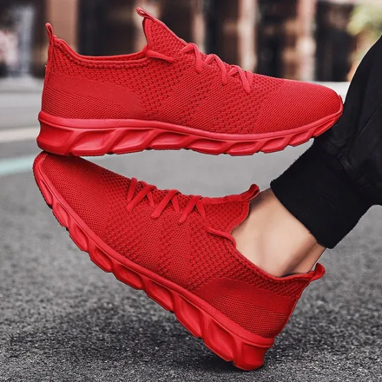 Online OUKU Men's Red Breathable Knit Sneakers - Lightweight Running Shoes with Cushioned Sole for Sports and Casual Wear
