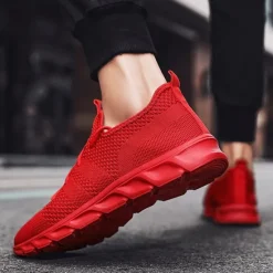 Online OUKU Men's Red Breathable Knit Sneakers - Lightweight Running Shoes with Cushioned Sole for Sports and Casual Wear