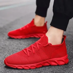 Online OUKU Men's Red Breathable Knit Sneakers - Lightweight Running Shoes with Cushioned Sole for Sports and Casual Wear