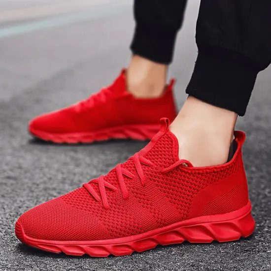 Online OUKU Men's Red Breathable Knit Sneakers - Lightweight Running Shoes with Cushioned Sole for Sports and Casual Wear