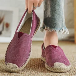 Clearance OUKU Men's Red Canvas Espadrille Slip-On Shoes with Jute Rope Sole – Comfortable Summer Footwear