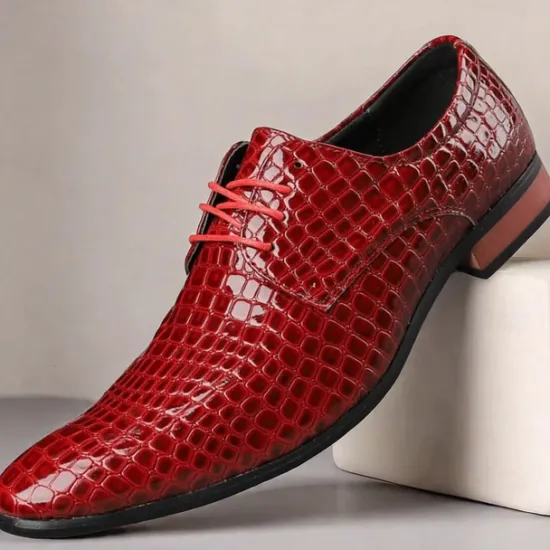 Clearance OUKU Men's Red Crocodile Pattern Lace-Up Dress Shoes - Sleek Patent Faux Leather Oxford Shoes for Christmas,Formal Events and Parties
