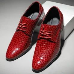 Clearance OUKU Men's Red Crocodile Pattern Lace-Up Dress Shoes - Sleek Patent Faux Leather Oxford Shoes for Christmas,Formal Events and Parties