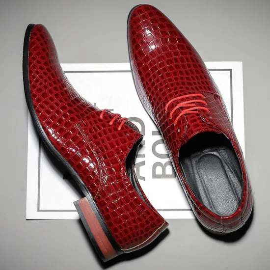 Clearance OUKU Men's Red Crocodile Pattern Lace-Up Dress Shoes - Sleek Patent Faux Leather Oxford Shoes for Christmas,Formal Events and Parties