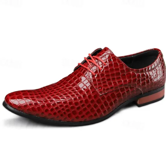 Clearance OUKU Men's Red Crocodile Pattern Lace-Up Dress Shoes - Sleek Patent Faux Leather Oxford Shoes for Christmas,Formal Events and Parties