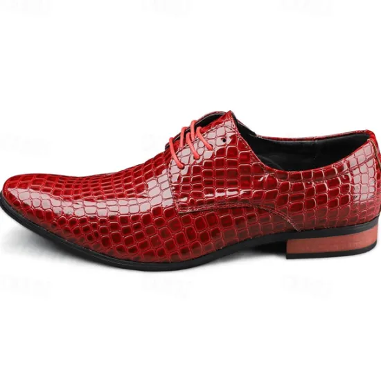 Clearance OUKU Men's Red Crocodile Pattern Lace-Up Dress Shoes - Sleek Patent Faux Leather Oxford Shoes for Christmas,Formal Events and Parties