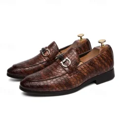 Online OUKU Men's Red Crocodile-Embossed Faux Leather Loafers – Luxury Slip-On Shoes with Sleek Metal Buckle Accent for Formal and Business Wear