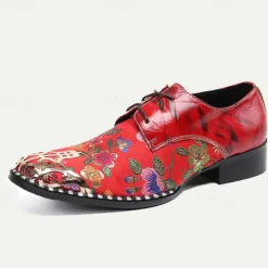 Best OUKU Men's Floral Lace-Up Oxford Shoes – Premium Cowhide Leather with Metal Toe Cap, Stylish Design for Weddings, Parties, and Special Occasions Red