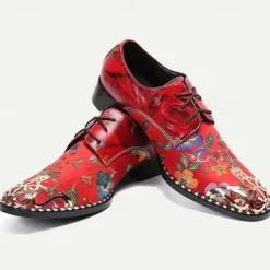 Best OUKU Men's Floral Lace-Up Oxford Shoes – Premium Cowhide Leather with Metal Toe Cap, Stylish Design for Weddings, Parties, and Special Occasions Red