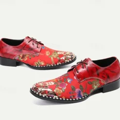 Best OUKU Men's Floral Lace-Up Oxford Shoes – Premium Cowhide Leather with Metal Toe Cap, Stylish Design for Weddings, Parties, and Special Occasions Red