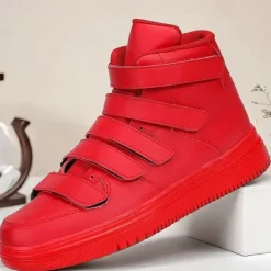 Hot OUKU Men's Red High-Top Velcro Sneakers with Non-Slip Sole - Stylish Casual Footwear